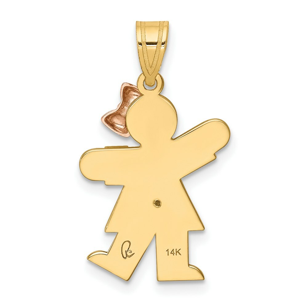 14K Two-tone Gold 0.015-Carat Diamond Girl Rose Gold Bow Kid Pendant