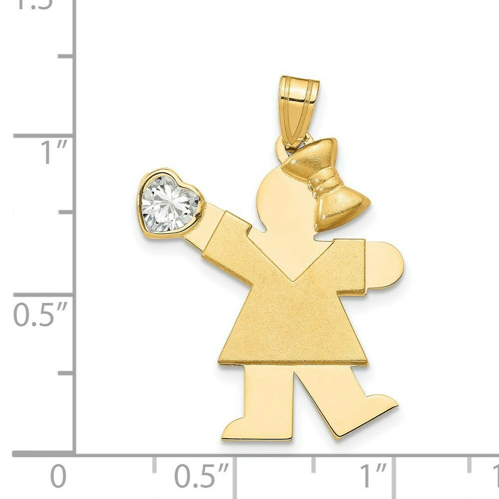 14K Yellow Gold Girl with CZ April Birthstone Engravable Charm Pendant