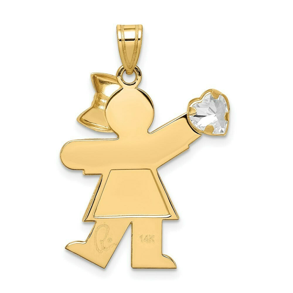 14K Yellow Gold Girl with CZ April Birthstone Engravable Charm Pendant