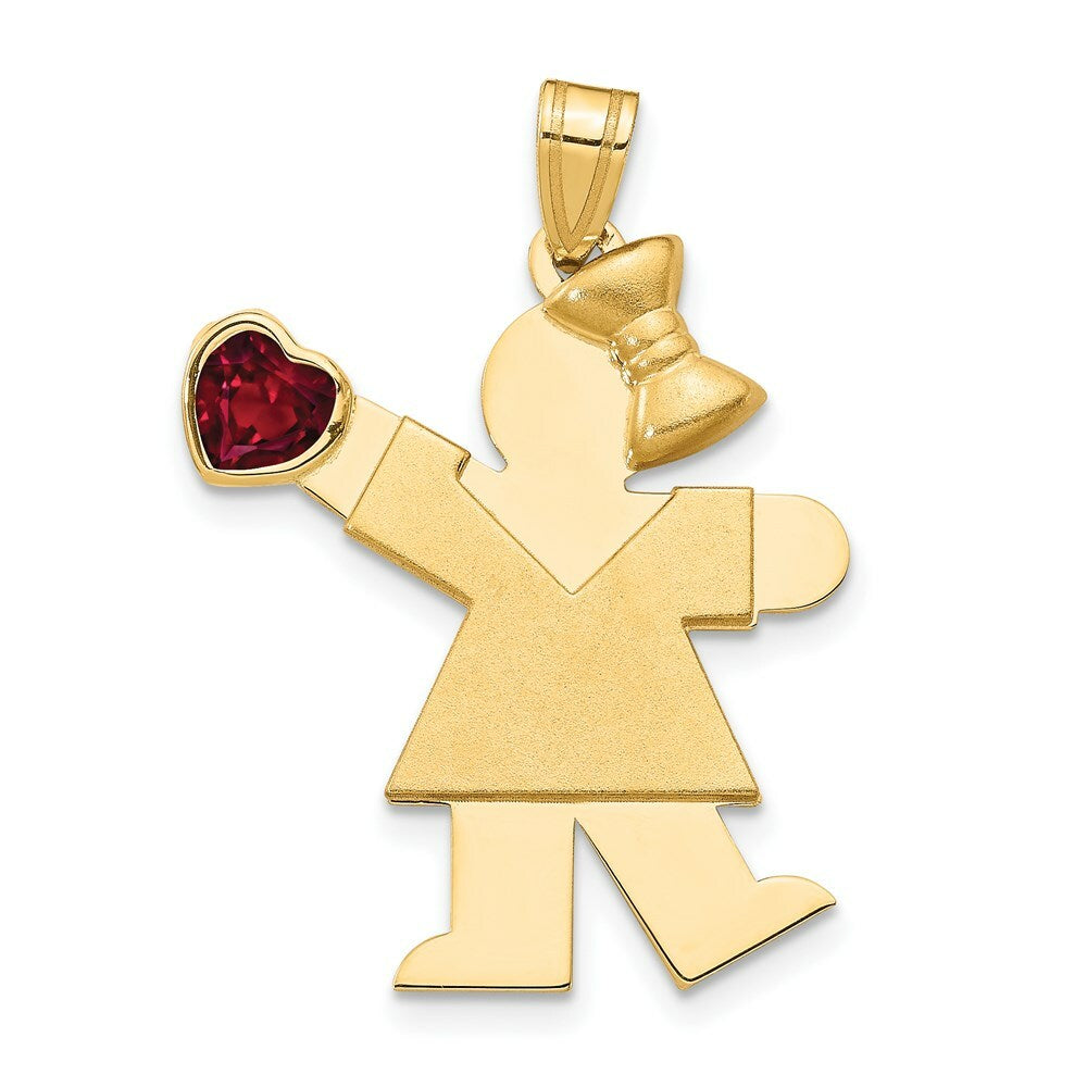 14K Yellow Gold Girl with CZ July Birthstone Engravable Charm Pendant