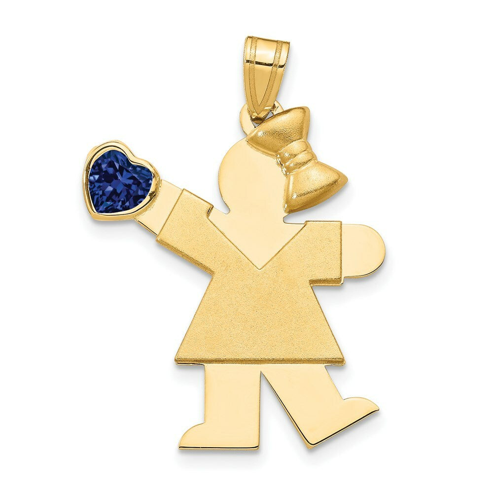 14K Yellow Gold Girl with CZ September Birthstone Engravable Charm Pendant