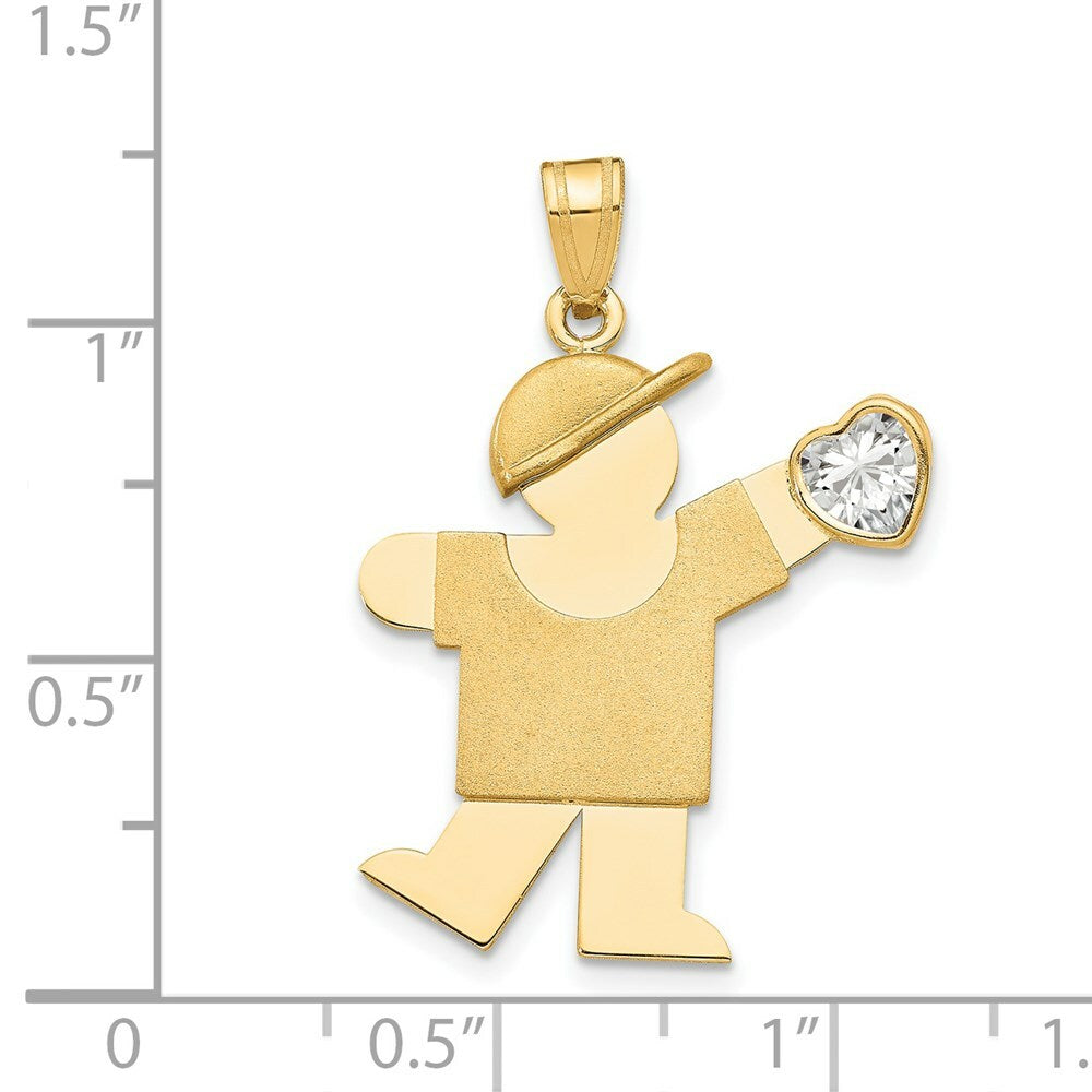 14K Yellow Gold Boy with CZ April Birthstone Engravable Charm Pendant