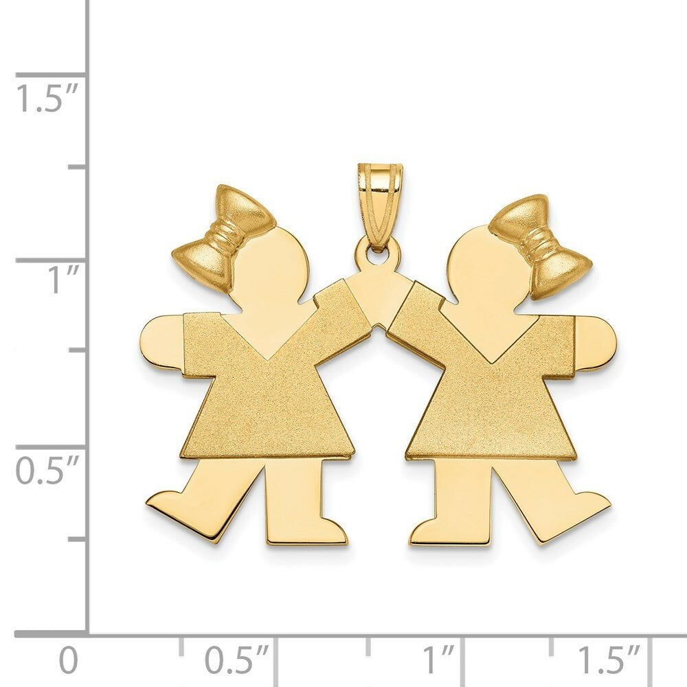 14K Yellow Gold Solid Engravable Large Double Girls with Bows Charm
