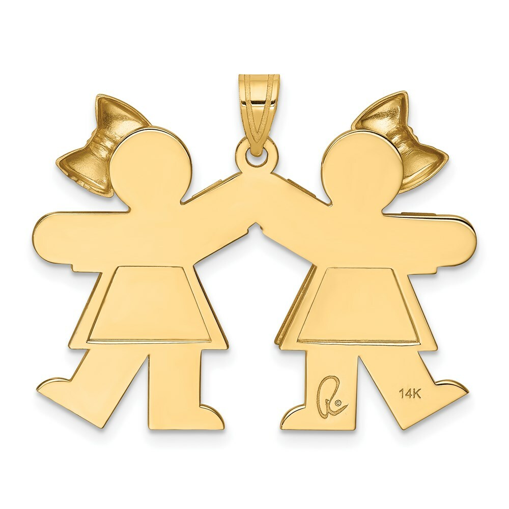 14K Yellow Gold Solid Engravable Large Double Girls with Bows Charm