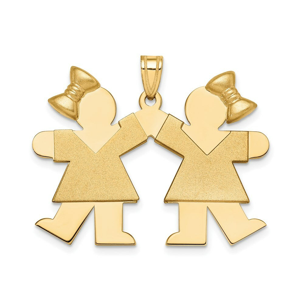 14K Yellow Gold Solid Engravable Large Double Girls with Bows Charm