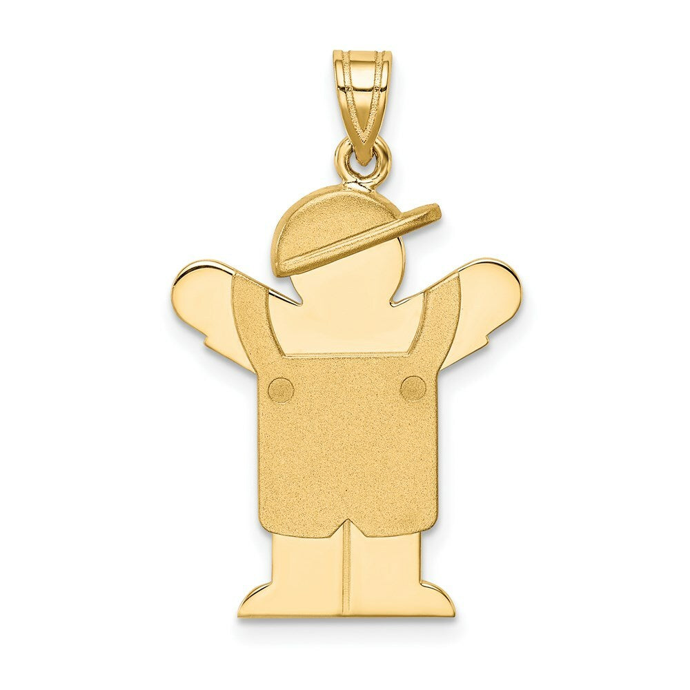 14K Yellow Gold Solid Engravable Boy in Overalls with Hat on Left Charm Pendant