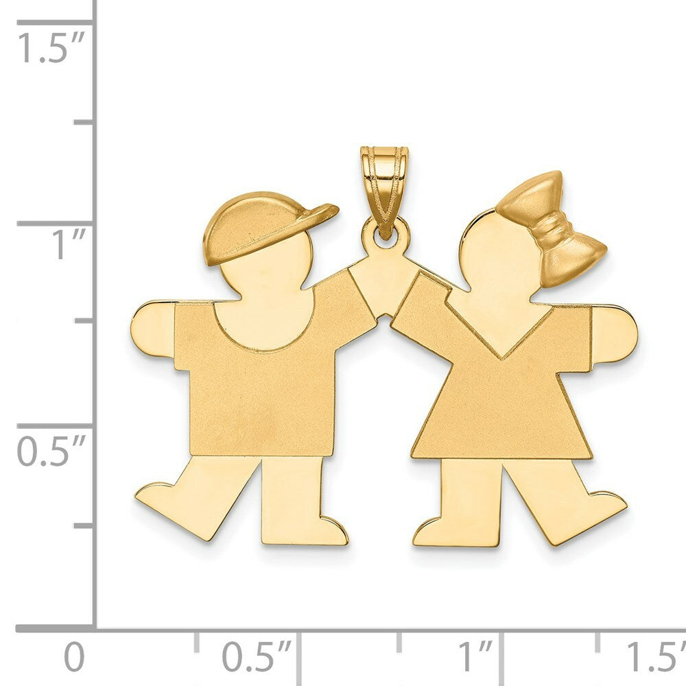 14K Yellow Gold Solid Engravable Boy on Left & Girl on Right Charm Pendant