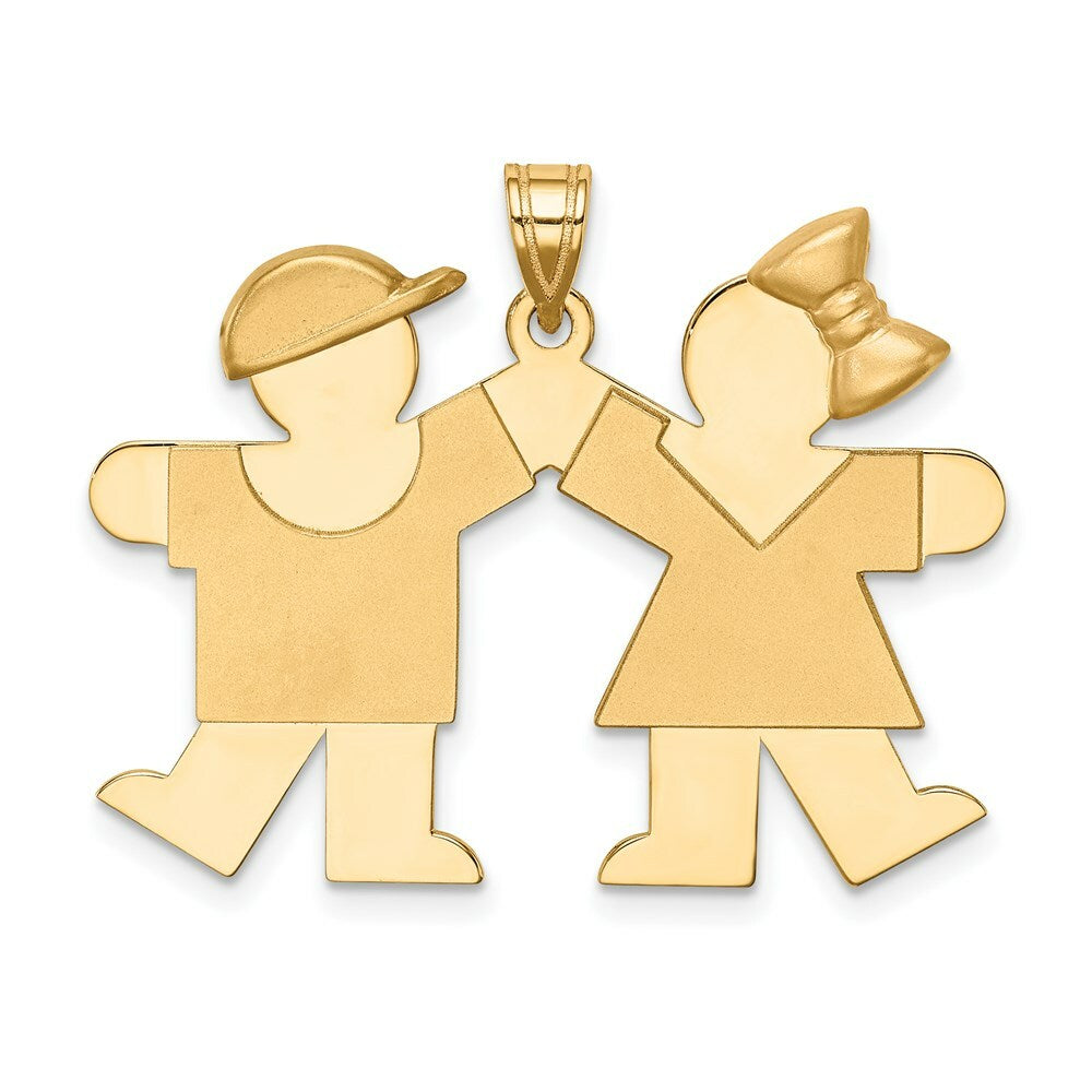 14K Yellow Gold Solid Engravable Boy on Left & Girl on Right Charm Pendant