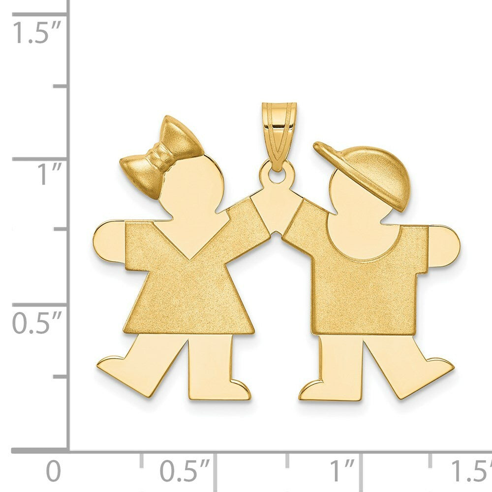 14K Yellow Gold Solid Engravable Girl on Left & Boy on Right Charm Pendant