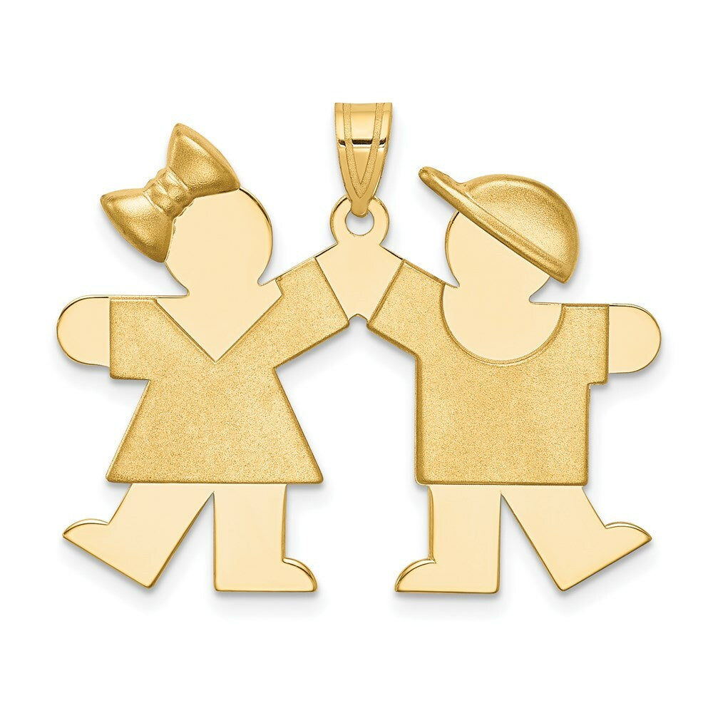 14K Yellow Gold Solid Engravable Girl on Left & Boy on Right Charm Pendant