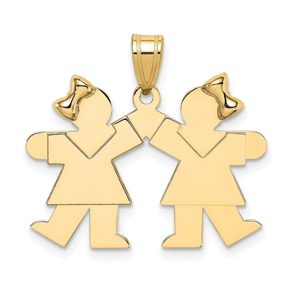 14K Yellow Gold Solid Engravable Small Double Girls Charm Pendant