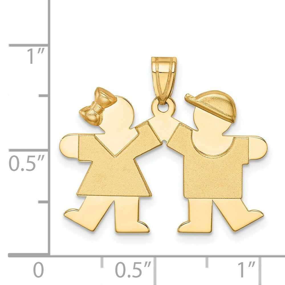 14K Yellow Gold Solid Engravable Small Girl on Left & Boy on Right Charm Pendant