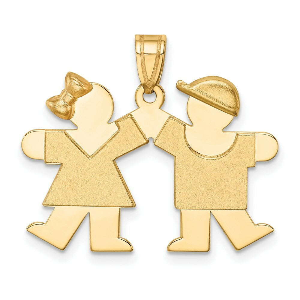 14K Yellow Gold Solid Engravable Small Girl on Left & Boy on Right Charm Pendant