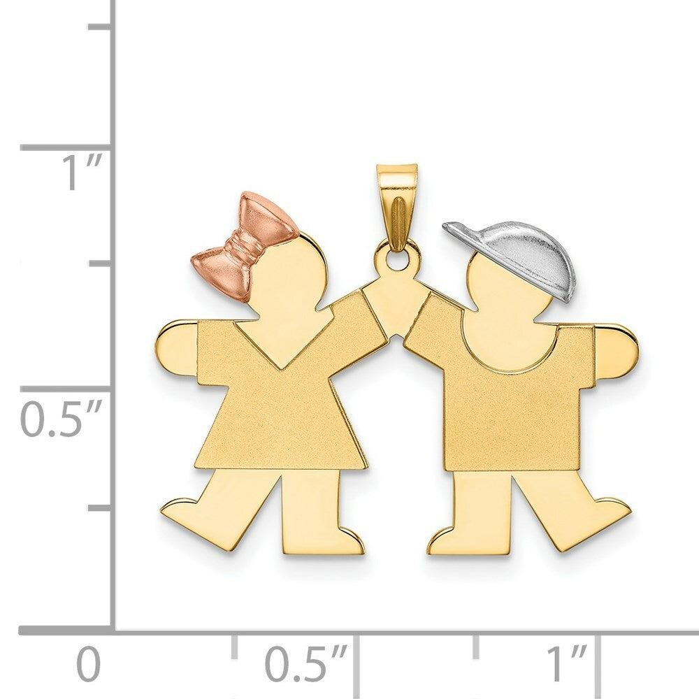 14K Tri-Color Gold Small Girl on Left & Boy on Right Engravable Charm Pendant