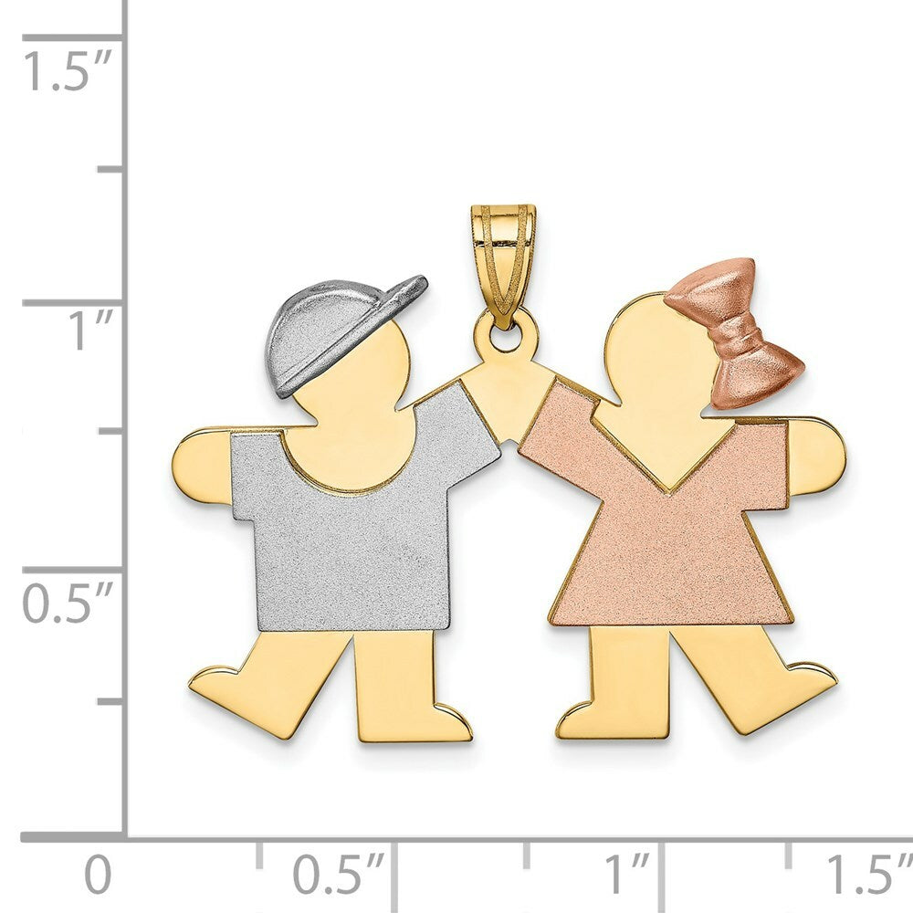 14K Tri-Color Gold Large Boy on Left & Girl on Right Engravable Charm Pendant