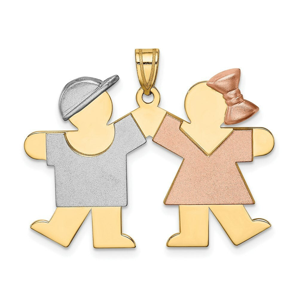 14K Tri-Color Gold Large Boy on Left & Girl on Right Engravable Charm Pendant