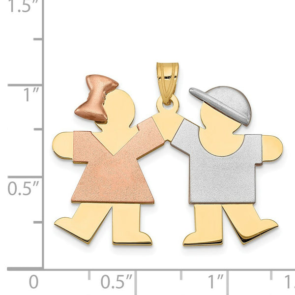 14K Tri-Color Gold Large Girl on Left & Boy on Right Engravable Charm Pendant