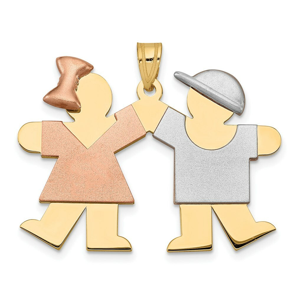 14K Tri-Color Gold Large Girl on Left & Boy on Right Engravable Charm Pendant