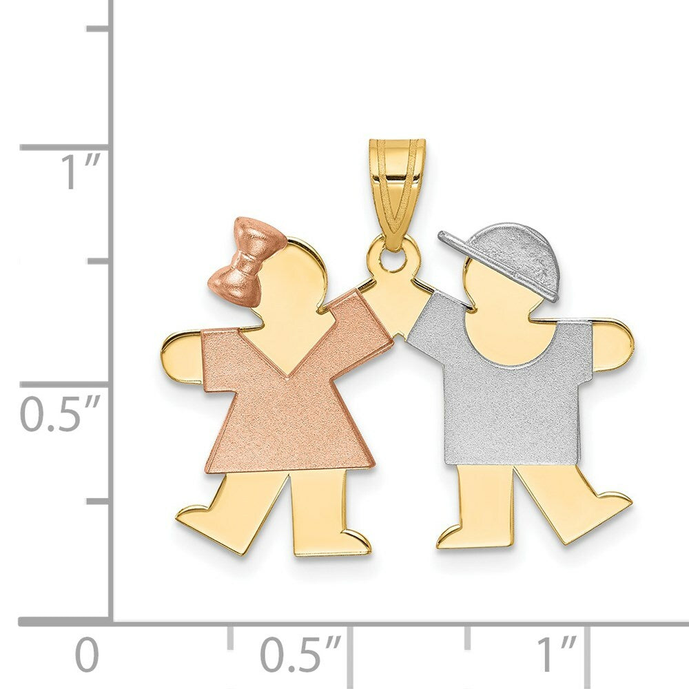 14K Tri-Color Gold Small Girl on Left & Boy on Right Engravable Charm Pendant