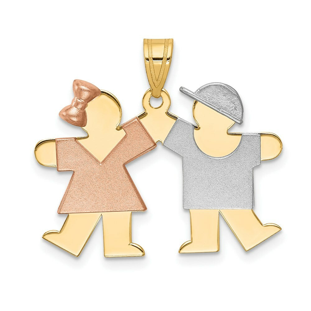 14K Tri-Color Gold Small Girl on Left & Boy on Right Engravable Charm Pendant