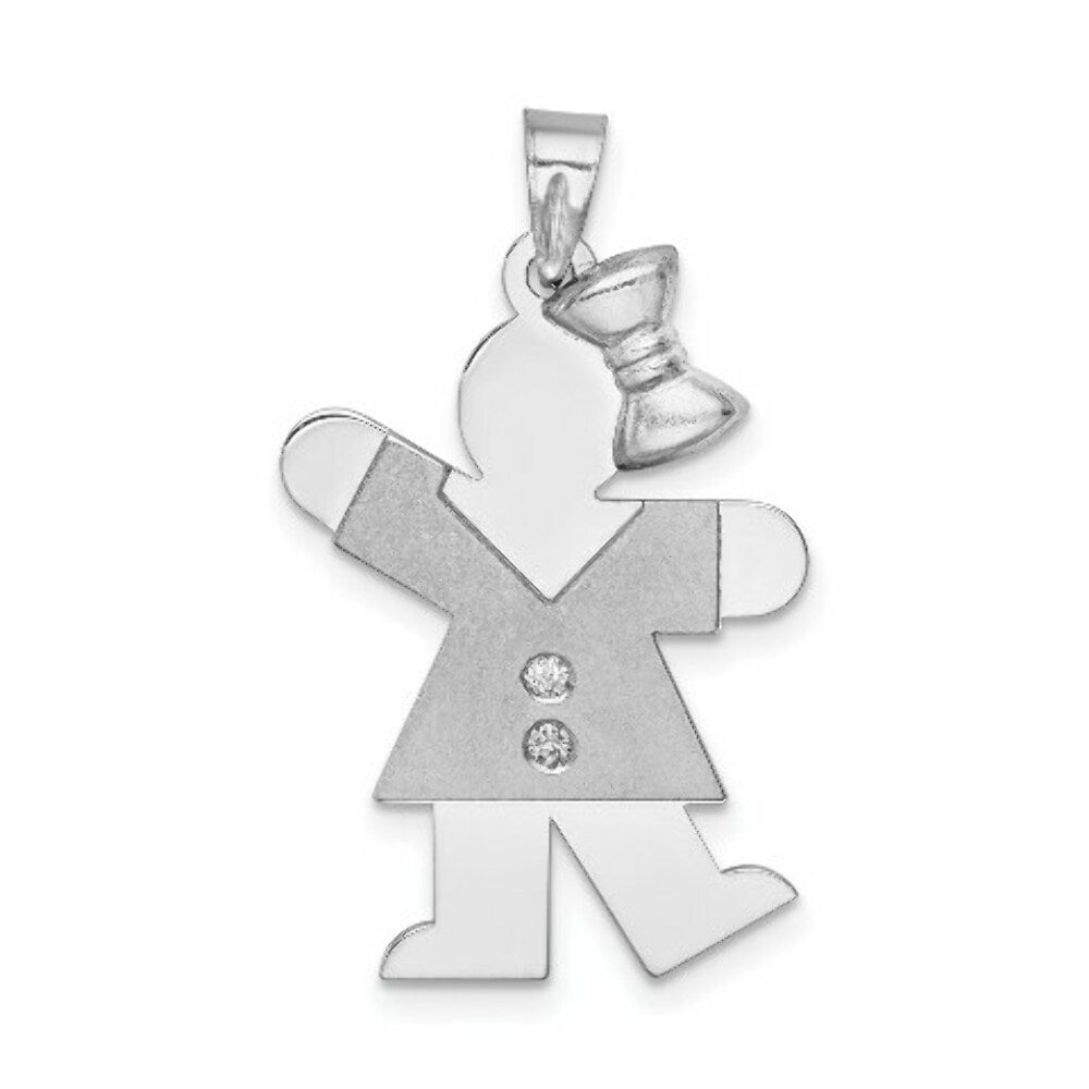 14K White Gold 0.03-Carat 2 Diamond The Kids Girl with Bow Pendant