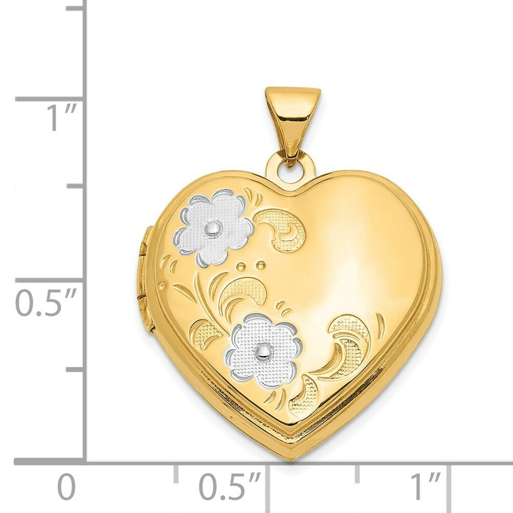 14K Yellow Gold & Rhodium Floral Heart Locket 26x22mm