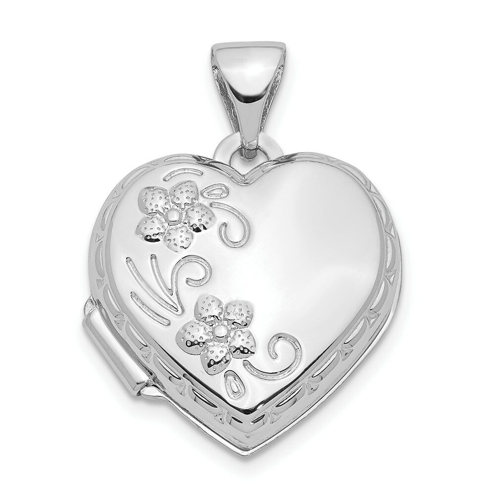 14K White Gold Polished Heart-Shaped Reversible Floral Locket 21x16mm