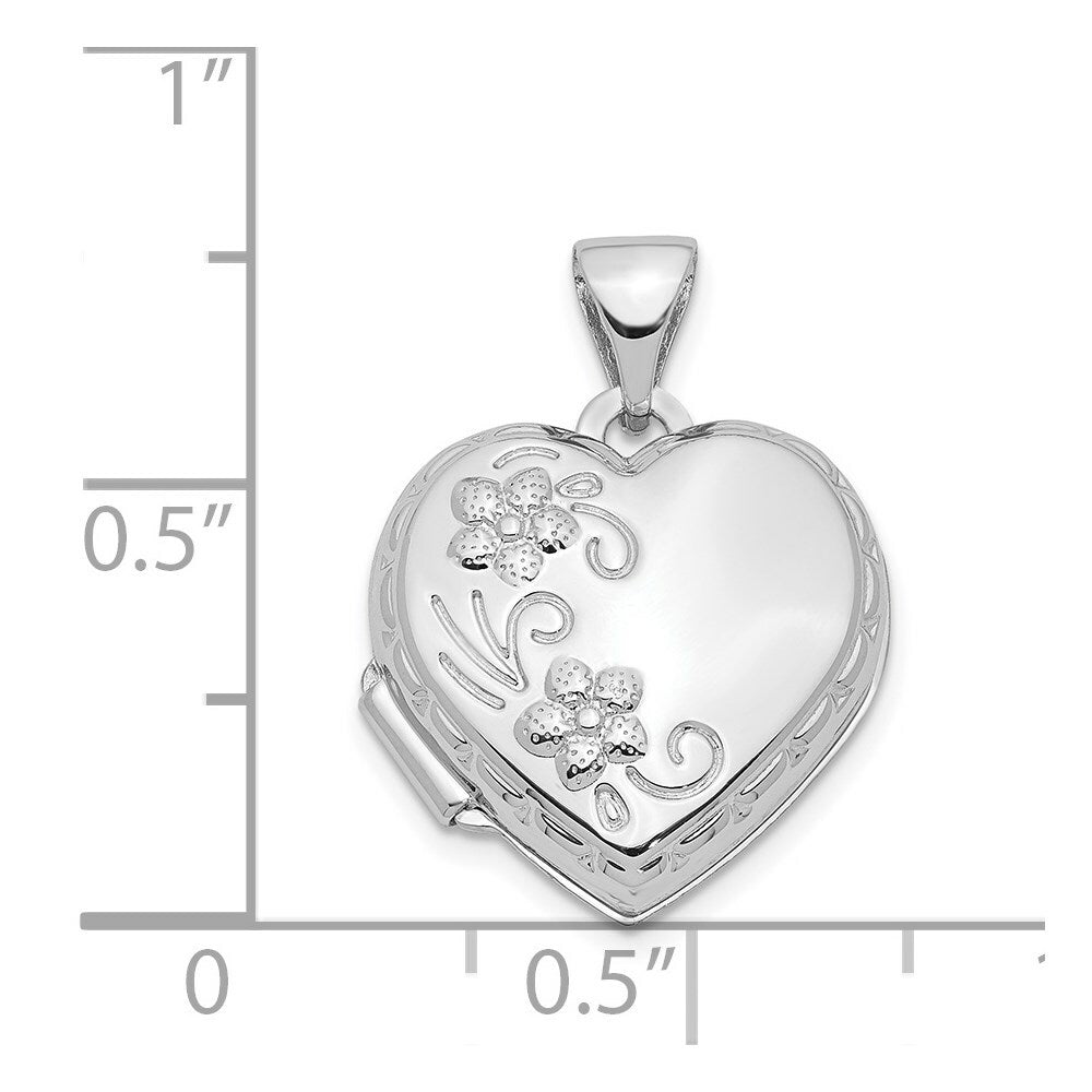 14K White Gold Polished Heart-Shaped Reversible Floral Locket 21x16mm