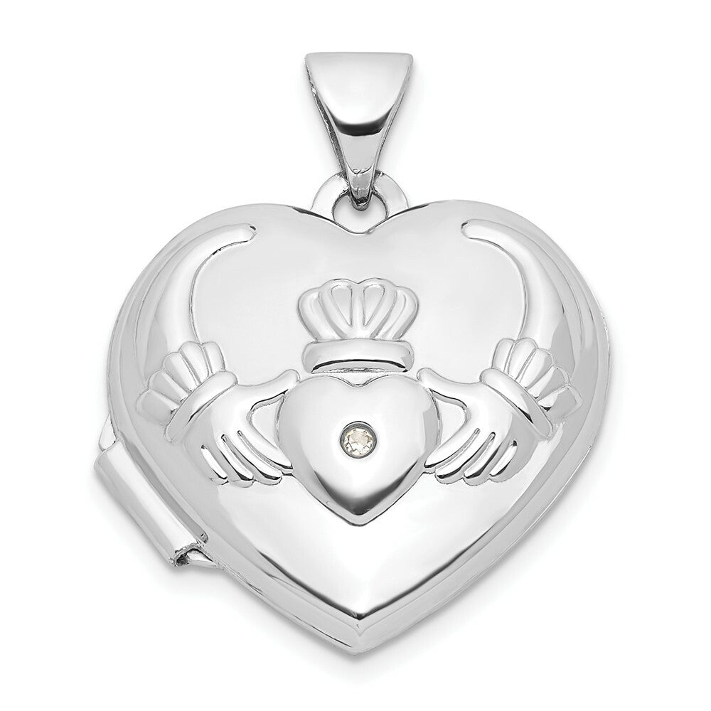 14K White Gold Polished Diamond Heart-Shaped Claddagh Locket 21x15mm