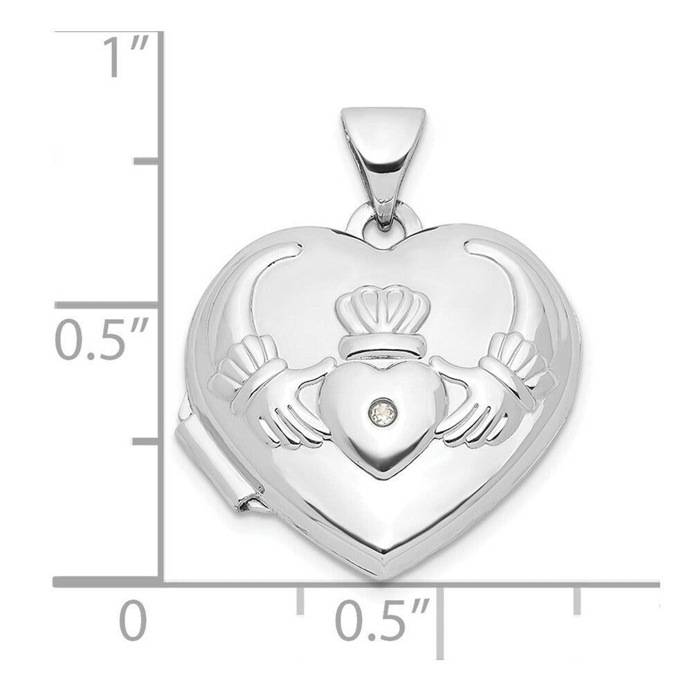 14K White Gold Polished Diamond Heart-Shaped Claddagh Locket 21x15mm