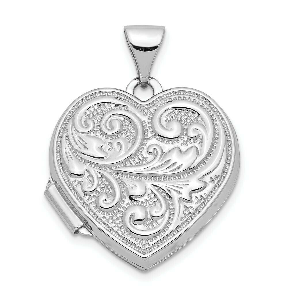 14K White Gold Scrolled Love you always Heart Locket 24x19mm