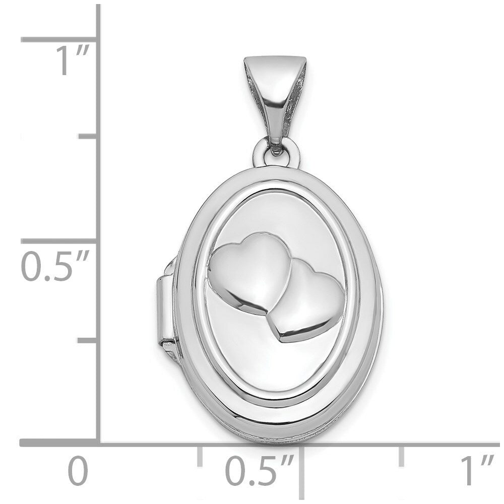 14K White Gold 17mm Double Hearts Oval Locket 24x17mm