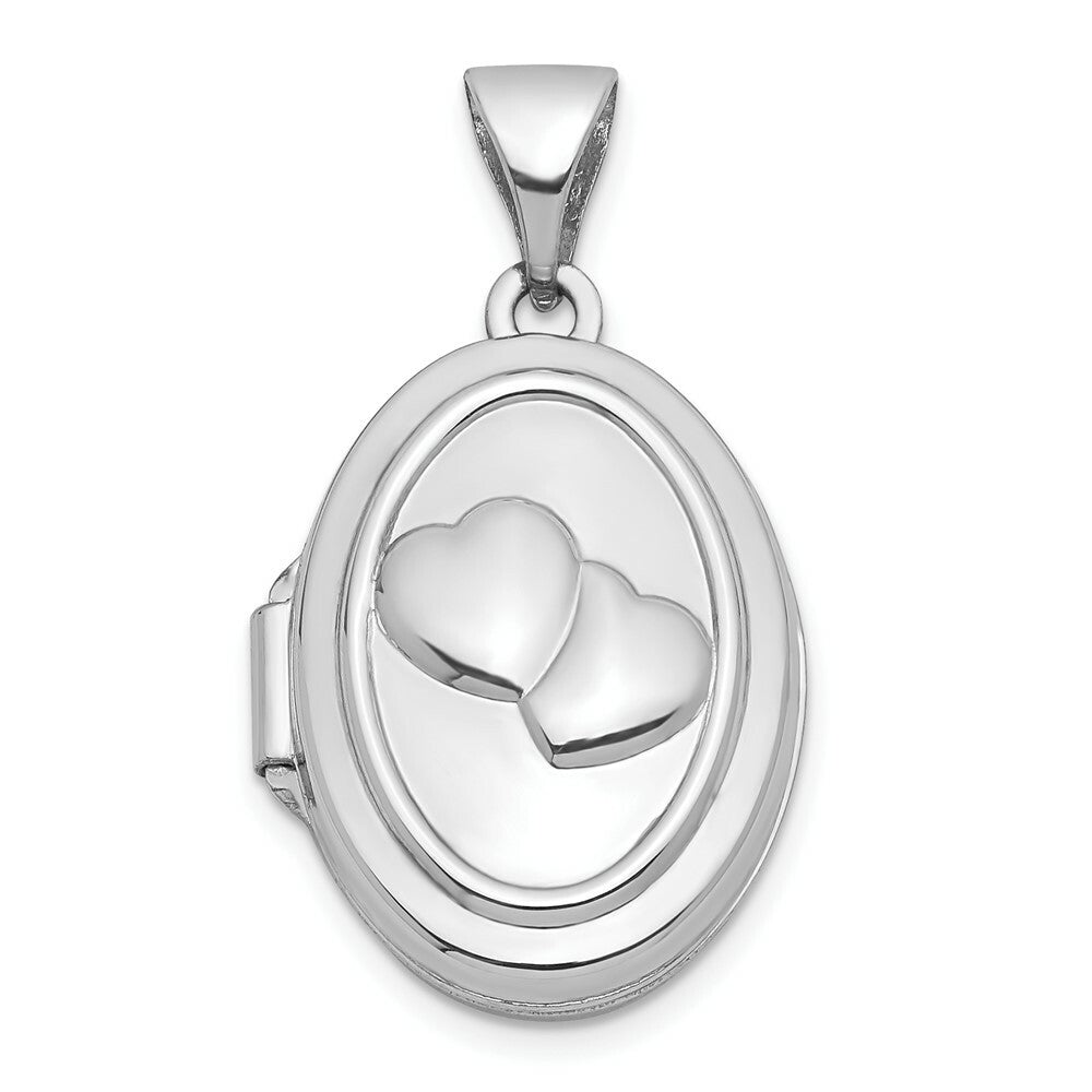 14K White Gold 17mm Double Hearts Oval Locket 24x17mm