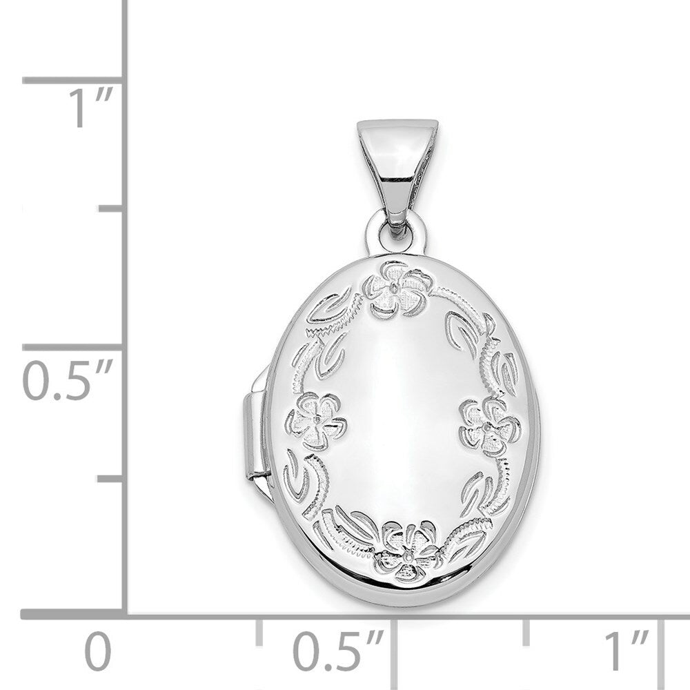 14K White Gold 17mm Oval Leaf Floral Hand Engraved Locket 25x17mm