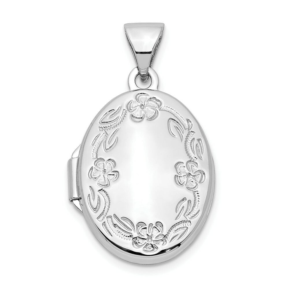 14K White Gold 17mm Oval Leaf Floral Hand Engraved Locket 25x17mm