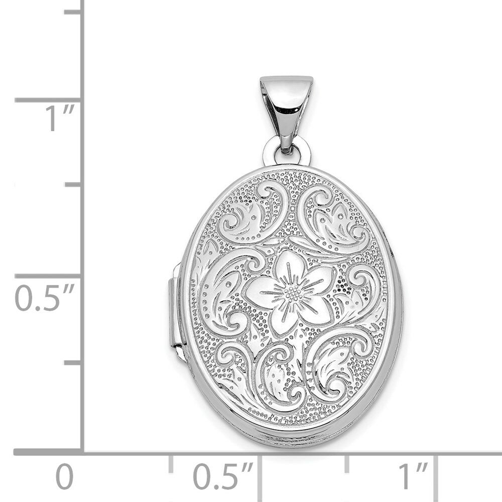 14K White Gold 21mm Oval Floral Scroll Border Locket 30x21mm