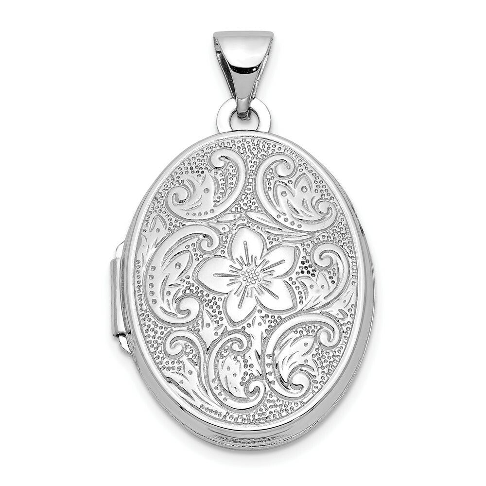14K White Gold 21mm Oval Floral Scroll Border Locket 30x21mm