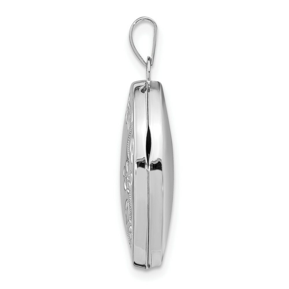 14K White Gold 21mm Oval Leaf Floral Scroll Border H/Eng Locket 30x21mm