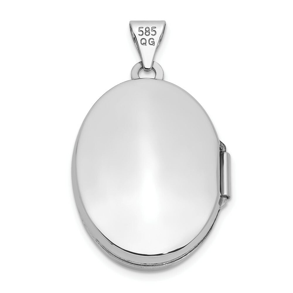 14K White Gold 21mm Oval Leaf Floral Scroll Border H/Eng Locket 30x21mm