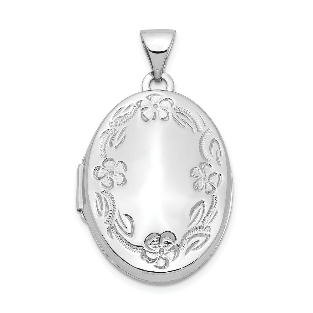 14K White Gold 21mm Oval Leaf Floral Scroll Border H/Eng Locket 30x21mm