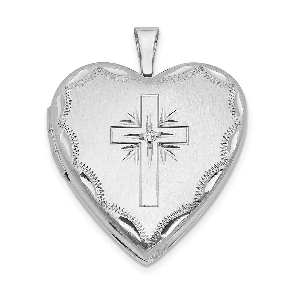 14K Yellow Gold 20mm White Gold Diamond Set Cross Heart Locket