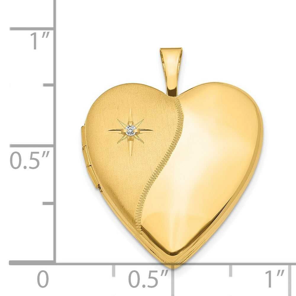 14K Yellow Gold 20mm Polished Satin w/ Diamond Heart Locket 25x20mm