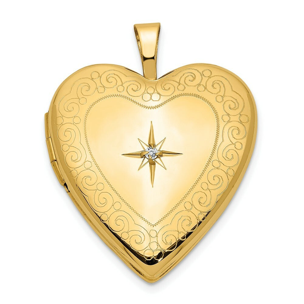 14K Yellow Gold 20mm Side Swirls w/ Diamond Heart Locket 25x20mm
