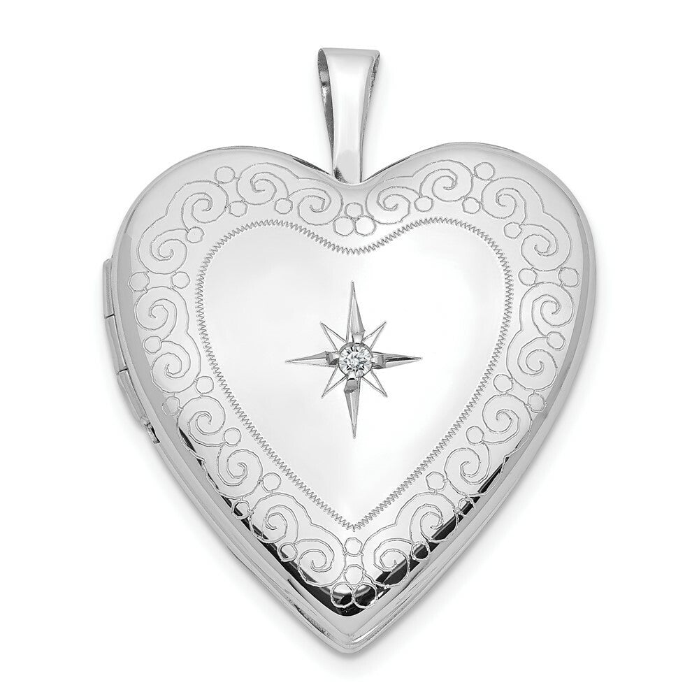 14K Yellow Gold 20mm White Gold Side Swirls w/ Diamond Heart Locket 25x20mm