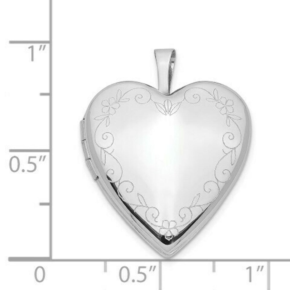 14K White Gold 20mm Flower Vine Border Heart Locket 25x20mm