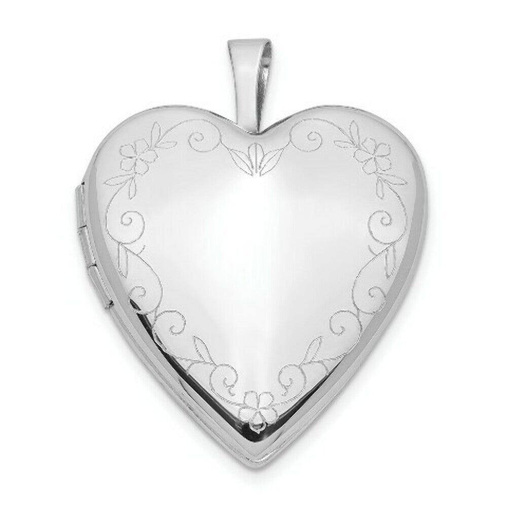14K White Gold 20mm Flower Vine Border Heart Locket 25x20mm