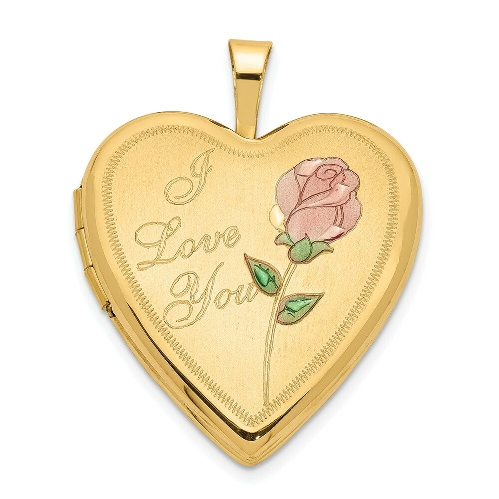 14K Yellow Gold 20mm Enamel Rose I Love You Heart Locket 24x20mm