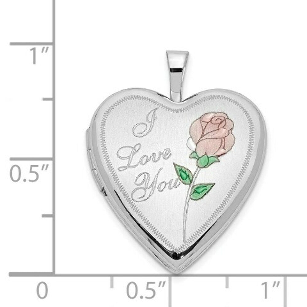 14K Yellow Gold 20mm White Gold Enamel Rose I Love You Heart Locket 24x20mm