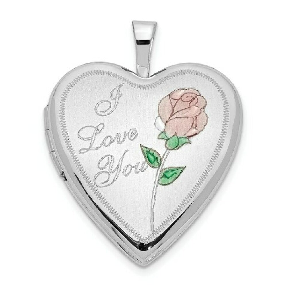 14K Yellow Gold 20mm White Gold Enamel Rose I Love You Heart Locket 24x20mm