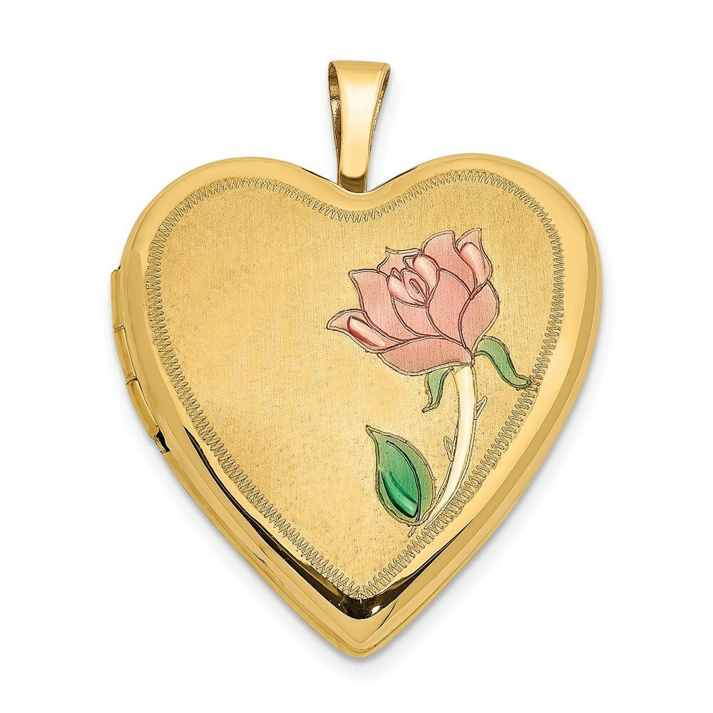 14K Yellow Gold 20mm Enamel Rose Heart Locket 24x20mm